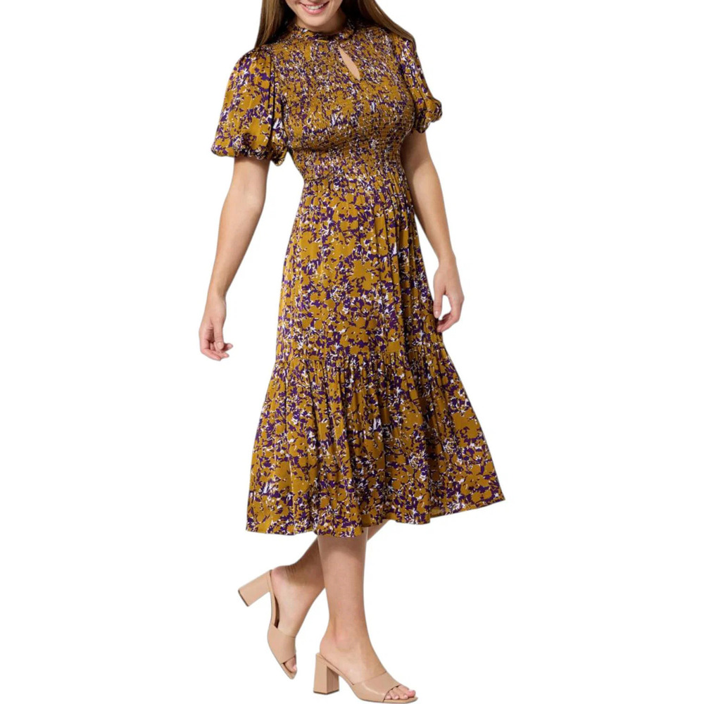 La Joie Bubble Slv Smocked Bodice Midi Dress Tapenade Abstract Floral - Regular
